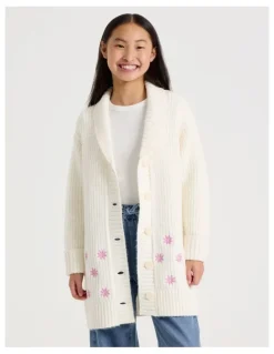 Tilii Longline Cardigan with Fur Collar in White