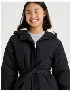 Tilii Longline Puffer Jacket with Tie Waist in Black