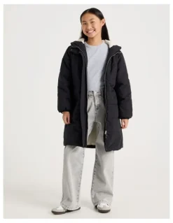 Tilii Longline Puffer Jacket with Tie Waist in Black