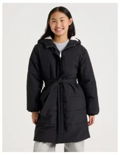 Tilii Longline Puffer Jacket with Tie Waist in Black