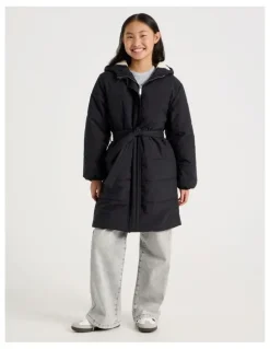 Tilii Longline Puffer Jacket with Tie Waist in Black