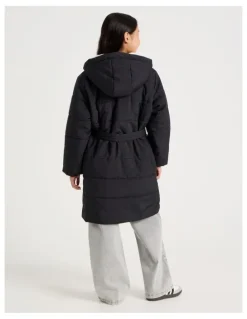 Tilii Longline Puffer Jacket with Tie Waist in Black