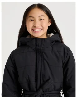 Tilii Longline Puffer Jacket with Tie Waist in Black
