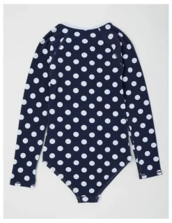 Tilii Long Sleeve Honeycomb Textured Swimsuit in Polka Dot/Navy