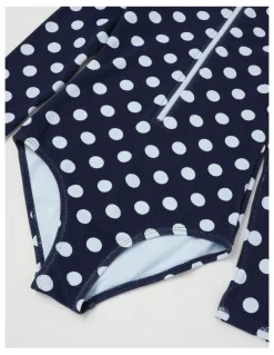 Tilii Long Sleeve Honeycomb Textured Swimsuit in Polka Dot/Navy