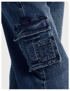 Tilii Mid Rise Baggy Cargo Jean in Dark Denim
