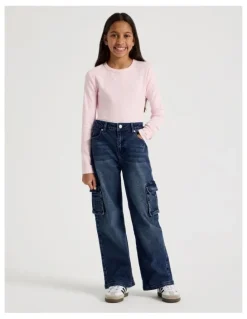 Tilii Mid Rise Baggy Cargo Jean in Dark Denim