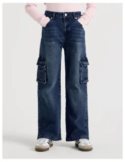 Tilii Mid Rise Baggy Cargo Jean in Dark Denim