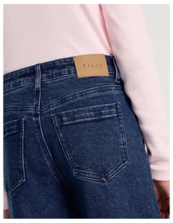 Tilii Mid Rise Baggy Cargo Jean in Dark Denim