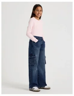 Tilii Mid Rise Baggy Cargo Jean in Dark Denim