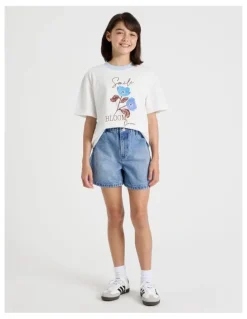 Tilii Paperbag Denim Short in Mid Wash Denim