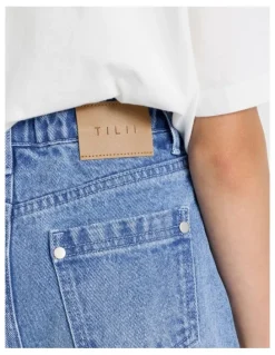 Tilii Paperbag Denim Short in Mid Wash Denim