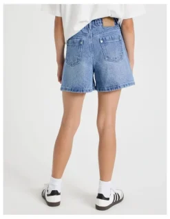 Tilii Paperbag Denim Short in Mid Wash Denim