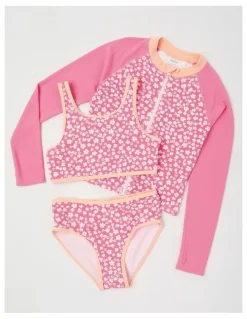 Tilii 3 Piece Bikini And Rashvest Set in Jacquard Floral/Pink