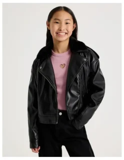 Tilii PU Biker Jacket with Fur Trim in Black