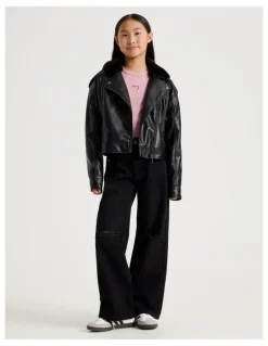 Tilii PU Biker Jacket with Fur Trim in Black