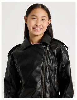 Tilii PU Biker Jacket with Fur Trim in Black