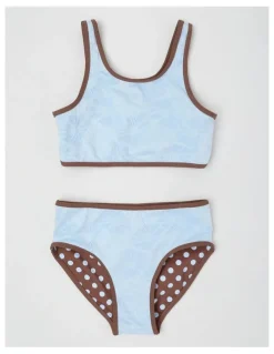 Tilii Reversible Bikini Gingham and Jacquard Floral in Light Blue/Brown
