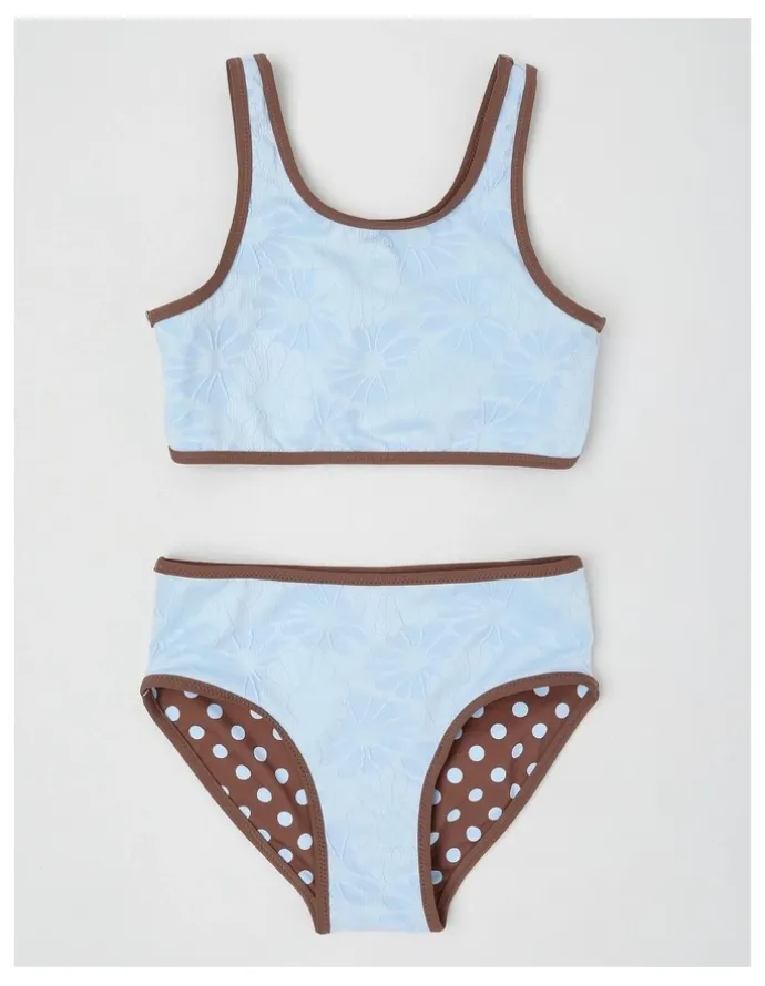 Tilii Reversible Bikini Gingham and Jacquard Floral in Light Blue/Brown