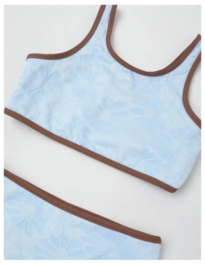 Tilii Reversible Bikini Gingham and Jacquard Floral in Light Blue/Brown