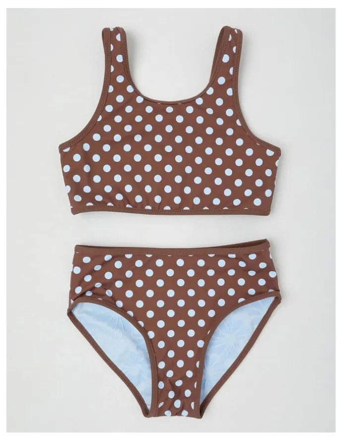 Tilii Reversible Bikini Gingham and Jacquard Floral in Light Blue/Brown
