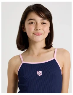 Tilii Rib Swimsuit with Contrast Bind And Flower Embroidery in Navy