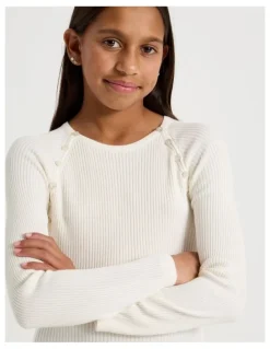 Tilii Rib Top with Button Detail in White