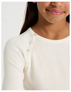 Tilii Rib Top with Button Detail in White