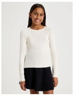 Tilii Rib Top with Button Detail in White