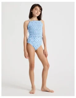Tilii Shirred Bodice Swimsuit in Floral/Light Blue
