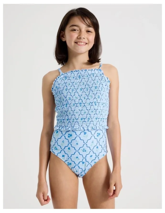 Tilii Shirred Bodice Swimsuit in Floral/Light Blue
