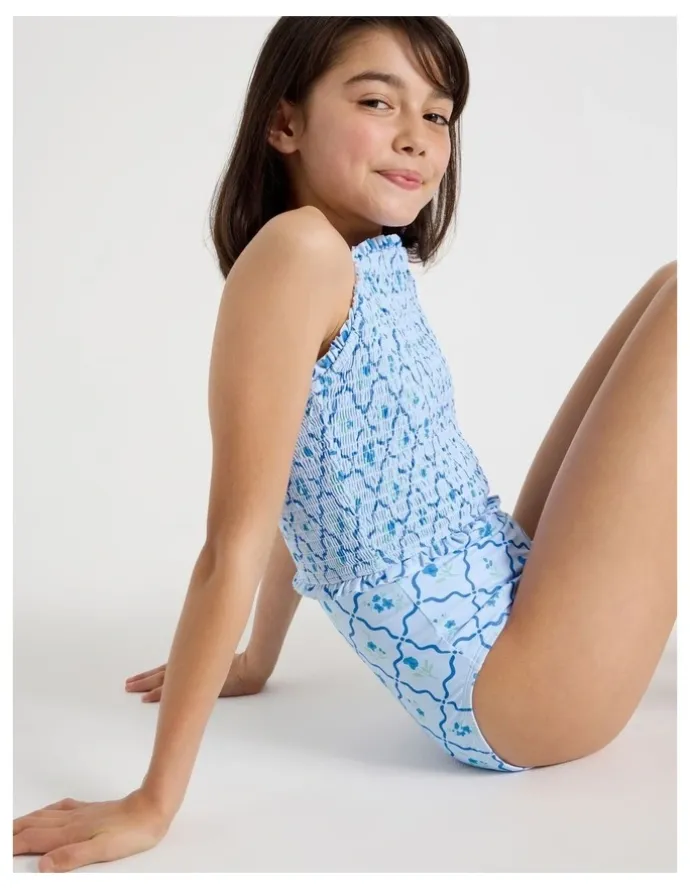 Tilii Shirred Bodice Swimsuit in Floral/Light Blue