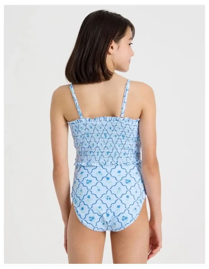 Tilii Shirred Bodice Swimsuit in Floral/Light Blue