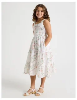 Tilii Shirred Tiered Dress With Ric Rac in Floral/ White