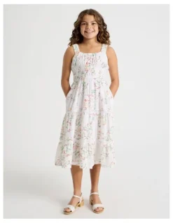 Tilii Shirred Tiered Dress With Ric Rac in Floral/ White