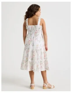 Tilii Shirred Tiered Dress With Ric Rac in Floral/ White
