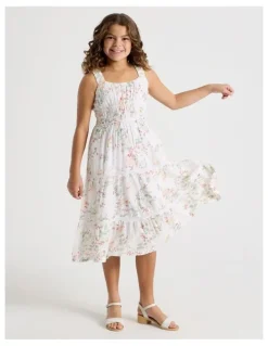 Tilii Shirred Tiered Dress With Ric Rac in Floral/ White
