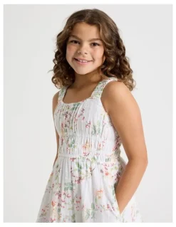 Tilii Shirred Tiered Dress With Ric Rac in Floral/ White