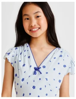 Tilii Short Sleeve Rayon Garden Mini Dress in Ditsy Floral and Blue