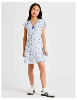 Tilii Short Sleeve Rayon Garden Mini Dress in Ditsy Floral and Blue