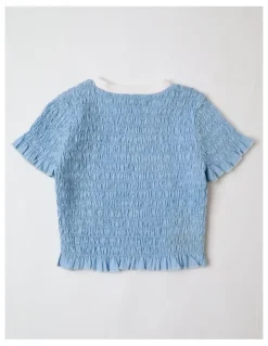 Tilii Short Sleeve Shirred Poplin Top in Blue