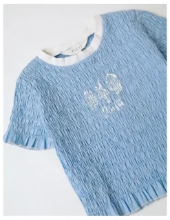 Tilii Short Sleeve Shirred Poplin Top in Blue