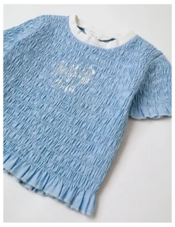 Tilii Short Sleeve Shirred Poplin Top in Blue