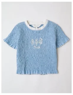 Tilii Short Sleeve Shirred Poplin Top in Blue