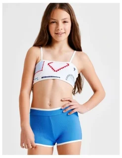 Tilii Sleeveless Bandeau Boy Leg Bikini in Tile and Blue
