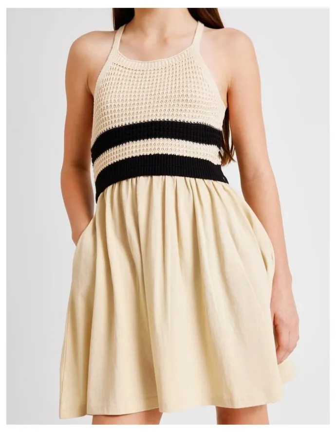 Tilii Sleeveless Crochet Top with Jersey Dress in Ecru