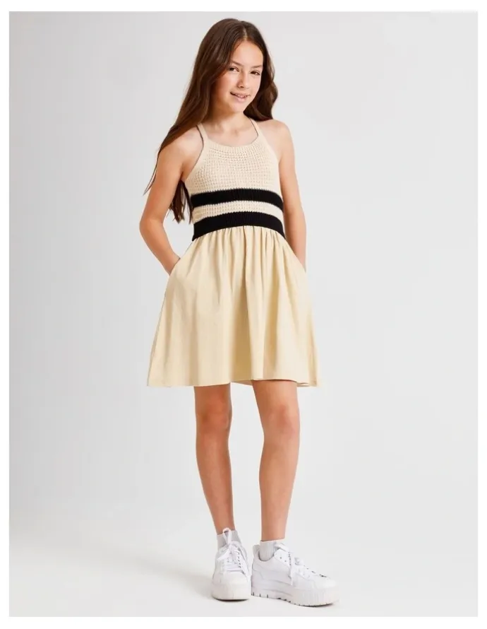 Tilii Sleeveless Crochet Top with Jersey Dress in Ecru