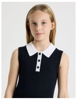 Tilii Sleeveless Knit Tennis Dress with Contrast Tipping in Navy