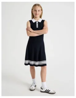 Tilii Sleeveless Knit Tennis Dress with Contrast Tipping in Navy