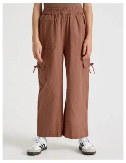 Tilii Sunday Club Pull On Linen Blend Cargo Pants in Brown